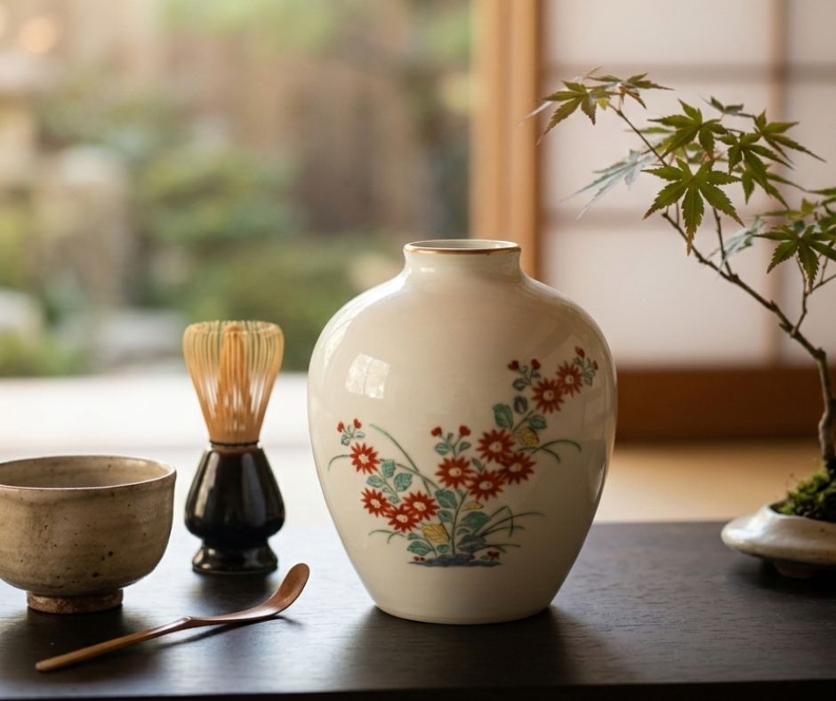 Bình Hoa Cúc Đỏ Viền Vàng Kutani