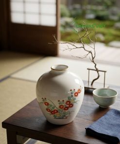 Bình hoa cúc đỏ viền vàng gốm nhật