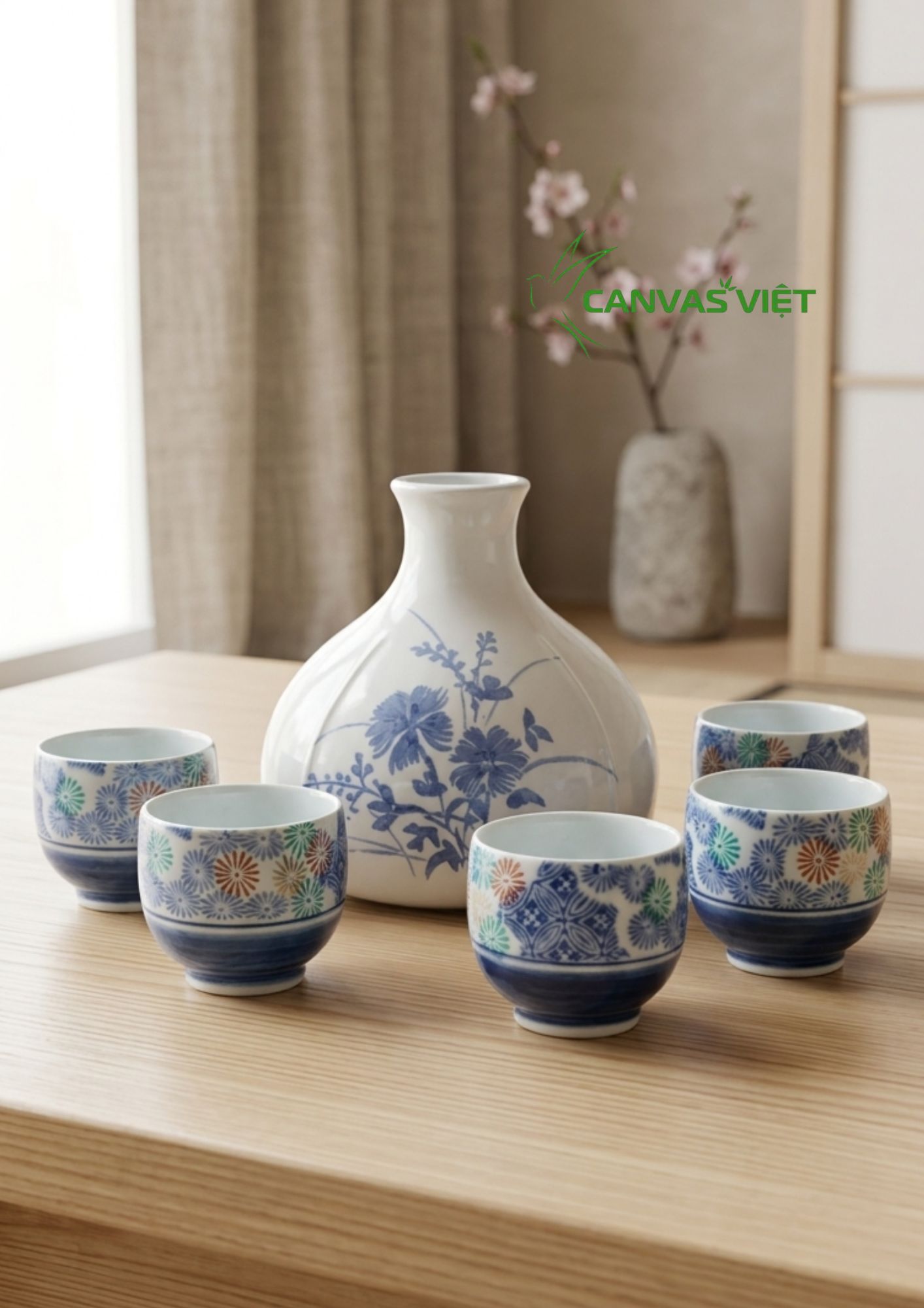 SET BÌNH 5 CHÉN GỐM NHẬT